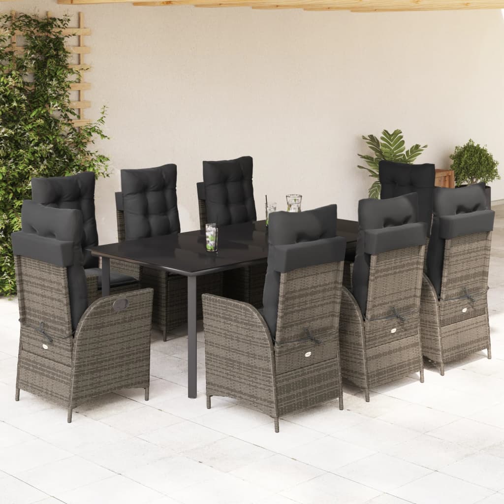 9-tlg. Garten-Essgruppe mit Kissen Grau Poly Rattan